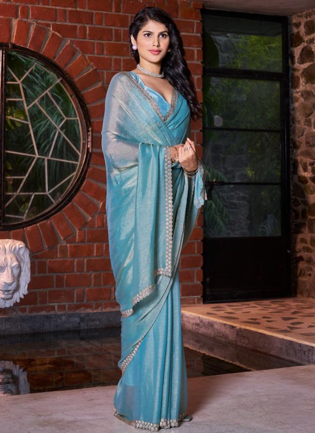 Sattin Silk Sky Blue Wedding Wear Hand Work Saree